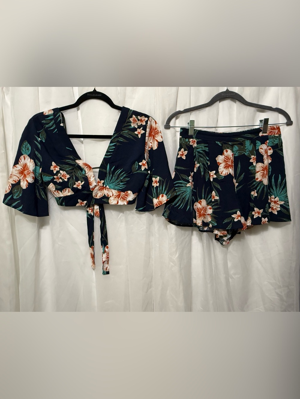 Floral Tie-back Crop Top and Short Set - Navy